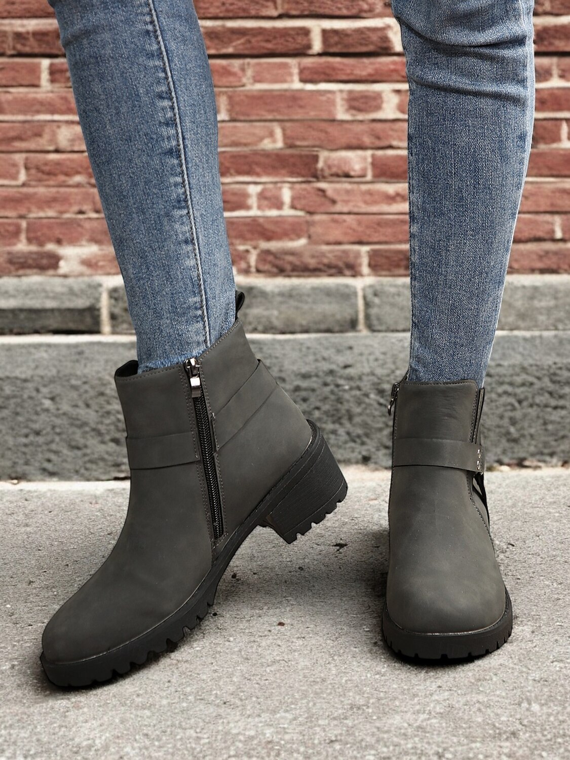 Women's Grey Ankle Boots – Stylish Block Heel with Strap Details, Side Zip, and Rugged Sole for Casual and Outdoor Wear 2025 - $42.99 –P2
