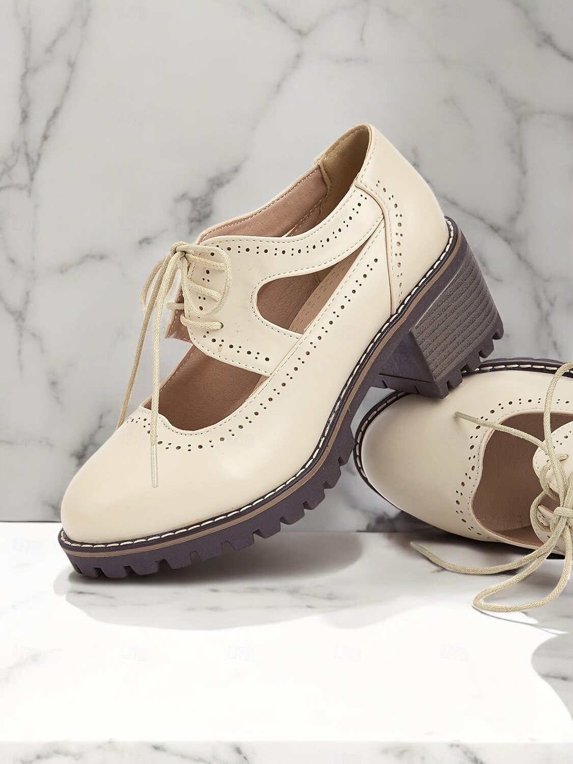 kremowe, sznurowane, damskie buty typu oxford z wycięciami i grubą podeszwą – obuwie casualowe vintage do noszenia na co dzień 2025 - $59.99 –P4