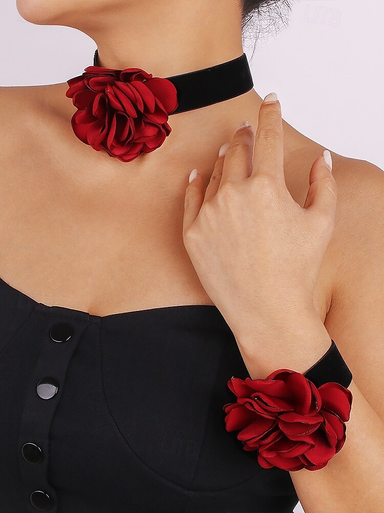 női elegáns fekete bársony choker nyaklánc bordó rózsa virág medállal – látványos virágos nyaklánc estére és különleges alkalmakra 2025 - $9.99 –P2