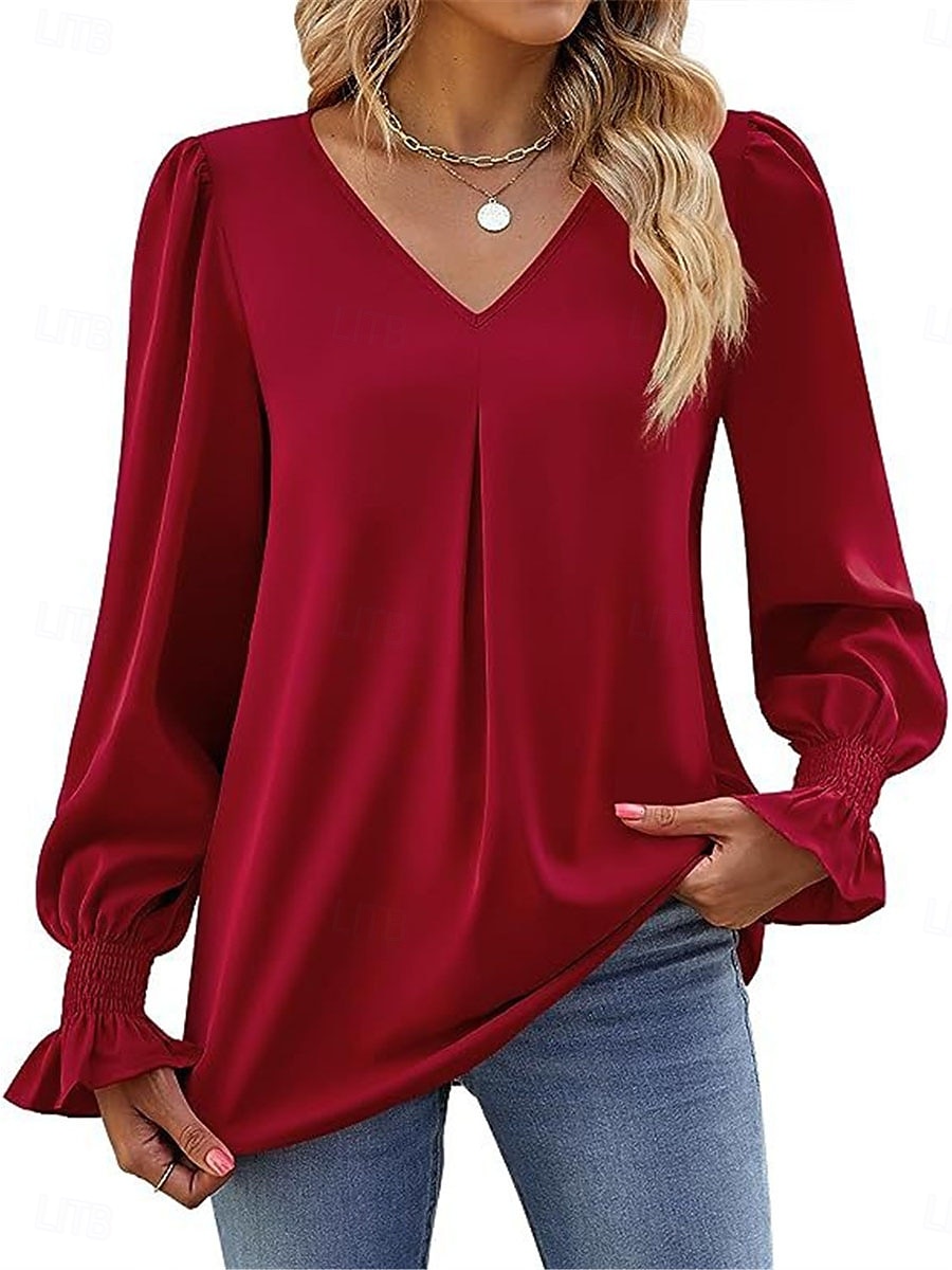Per donna Camicia Blusa Tinta unica Essenziale Informale Manica lunga A V Top regolari Giornaliero Rosso Fucsia Cachi Autunno Inverno del 2025 a $21.99 –P10
