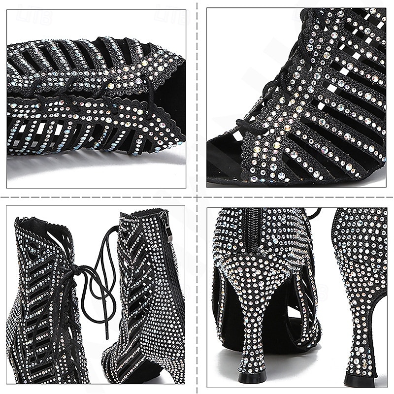 bottes de danse en maille à lacets et strass pour femmes - chaussures de performance à talons hauts et à bout ouvert pour la danse de salon et la danse latine de 2025 ? $59.99 –P7