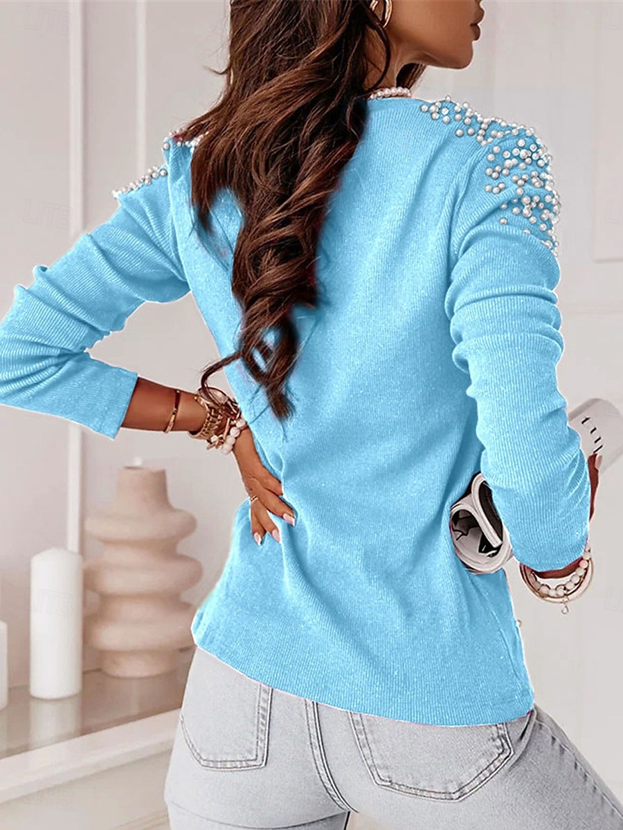 Dames Overhemd Blouse Effen Kleur Basic Casual Lange mouw V-hals Normale tops Dagelijks Lapwerk Sierstenen blauw Herfst Winter 2025 - $9.99 –P2