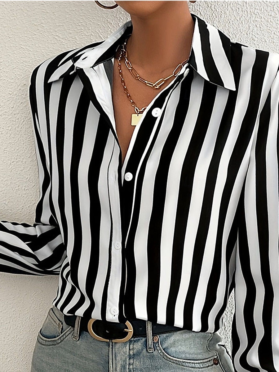Women's Shirt Striped Casual Long Sleeve Shirt Collar Regular Tops Work Daily Buttons Print Black Spring Fall Winter 2025 - $32.99 –P3