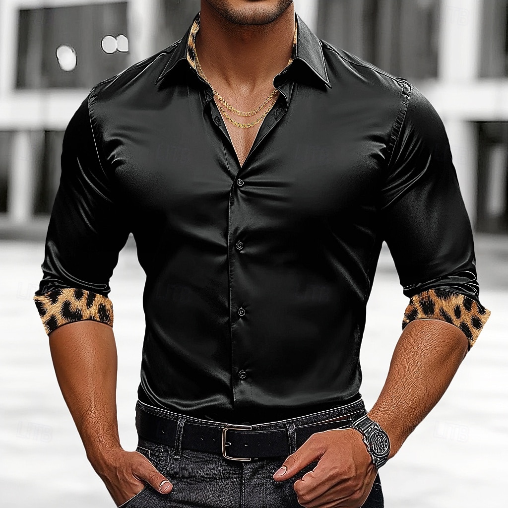 Homens Camisa Social Blusa de cetim Camisa casual camisa de botão Leopardo Casamento Férias Preto Branco Vinho Verde Manga Longa Lapela Primavera & Outono Roupa Patchwork de 2026 por $28.99 –P1