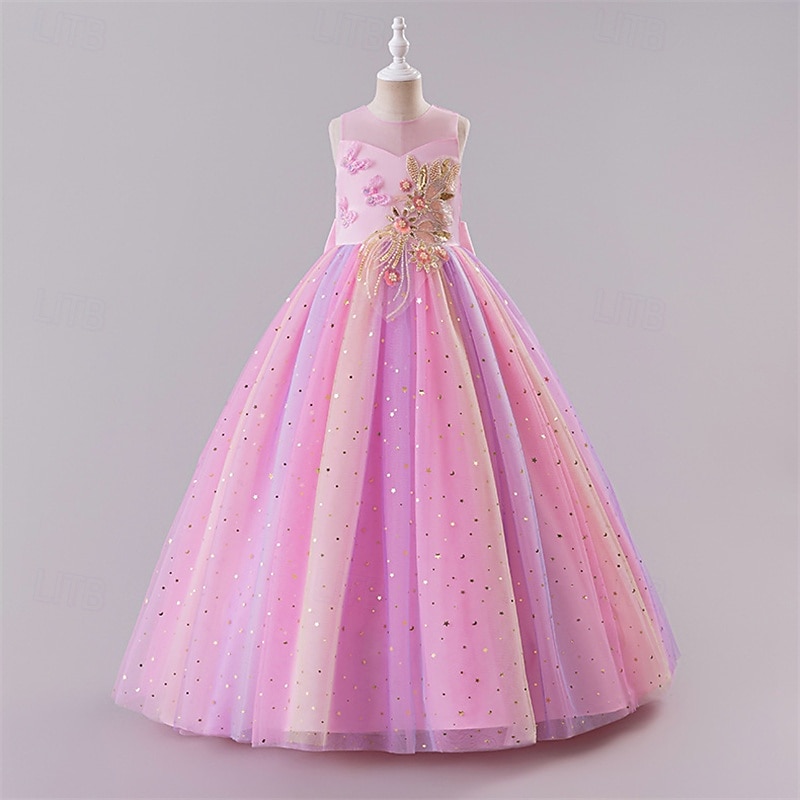 Blomsterpikekjole Barn Jente Prinsesse kjole Ytelse Bryllup Fest Elegant Vakker Netting Regnbue Ermeløs Crew-hals Rosa Blå 4 år + 2025 - $43.99 –P6