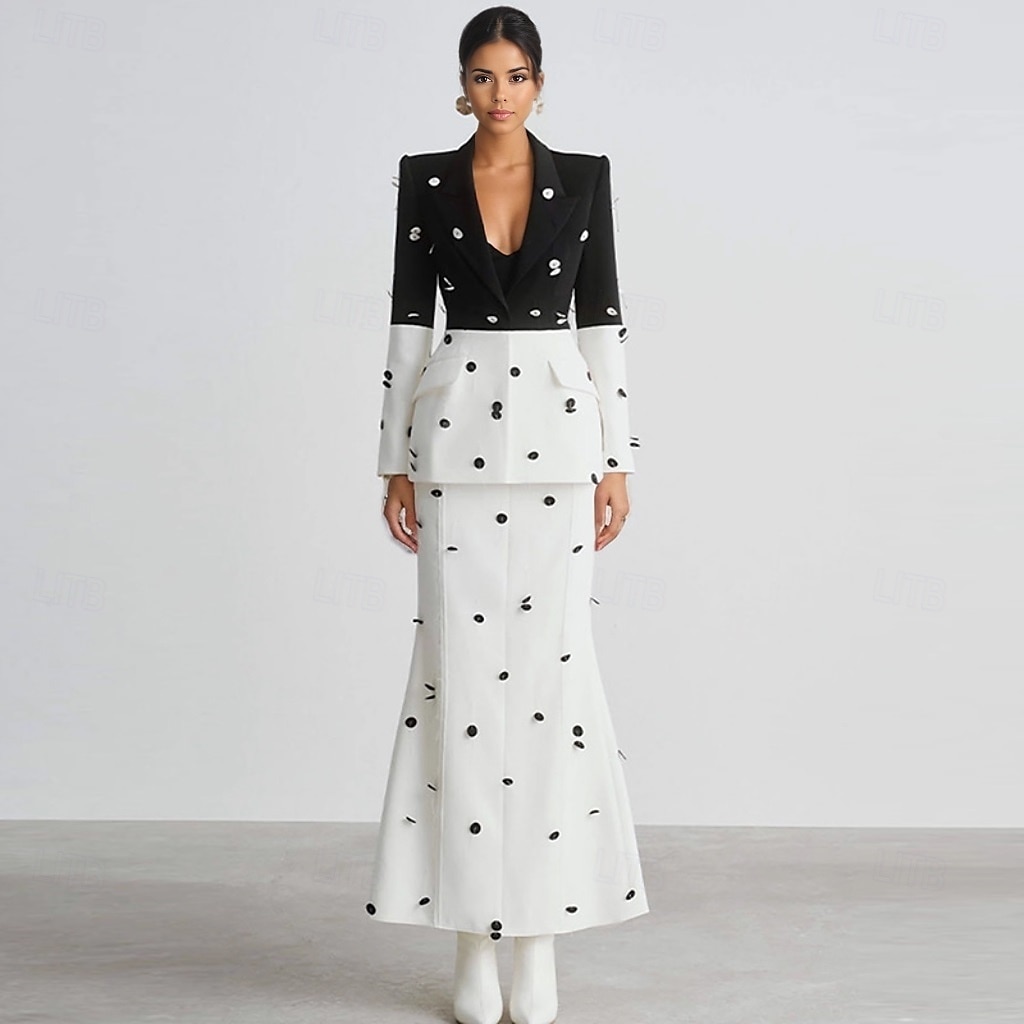 Black White Blazer Tuxedo Dress Two Piece Suits Mermaid Cocktail Color Block Dress Formal Wedding Ankle Length Long Sleeve Shirt Collar  with Glitter Tassel Dresses 2025 - $197.99 –P1
