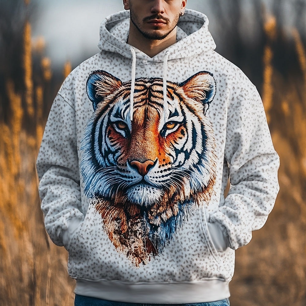 Pánské Tygr Kapucky Mikina Svrchní oblečení Mikina s kapucí Tričkový Módní 3D tisk Párty Dovolená Streetwear Bílá Šňůrky Podzim Zima Návrhář 2025 - $29.99 –P1