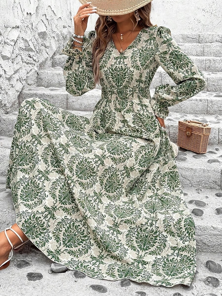 Damen Maxidress Casual kleid Schaukelkleid A Linie Kleid Boho-Kleid Brautkleider schlicht Täglich Regular Fit Blumen Langarm V Ausschnitt Schwarz Weiß Grün Sommer Frühling Herbst 2025 - $33.99 –P5