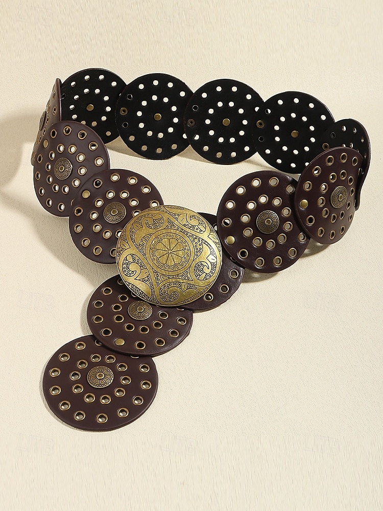 Women's Brown Faux Leather Belt with Perforated Circles and Intricate Metal Buckle - Bohemian Chic Fashion Accessory 2025 - $18.99 –P10