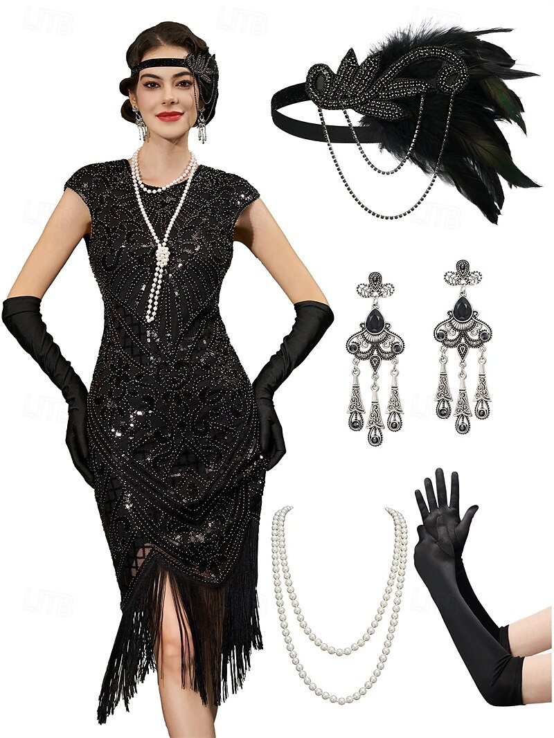 Anos 20 Vestido Coquetel Vestido antigo Meio-dia Vestido melindroso Roupa Vestido Coquetel O Grande Gatsby Menina melindrosa Convidado do casamento Paetês Pena Franja Mulheres Fantasia de Carnaval 7 de 2025 por $58.99 –P1