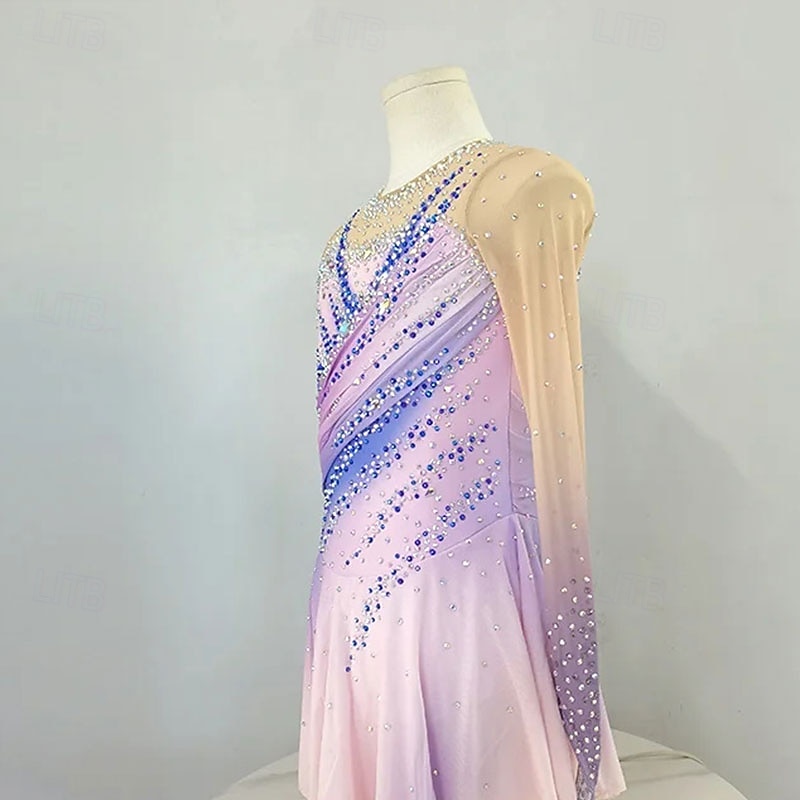 Eiskunstlaufkleid Damen Mädchen Eislaufen Kleid Rosa Asymmetrischer Saum Netzstoff Hohe Elastizität Training Wettbewerb Eiskunstlaufkleidung Klassisch Kristall / Strass Langarm Eislaufen Eiskundstlauf 2025 - $256.39 –P2
