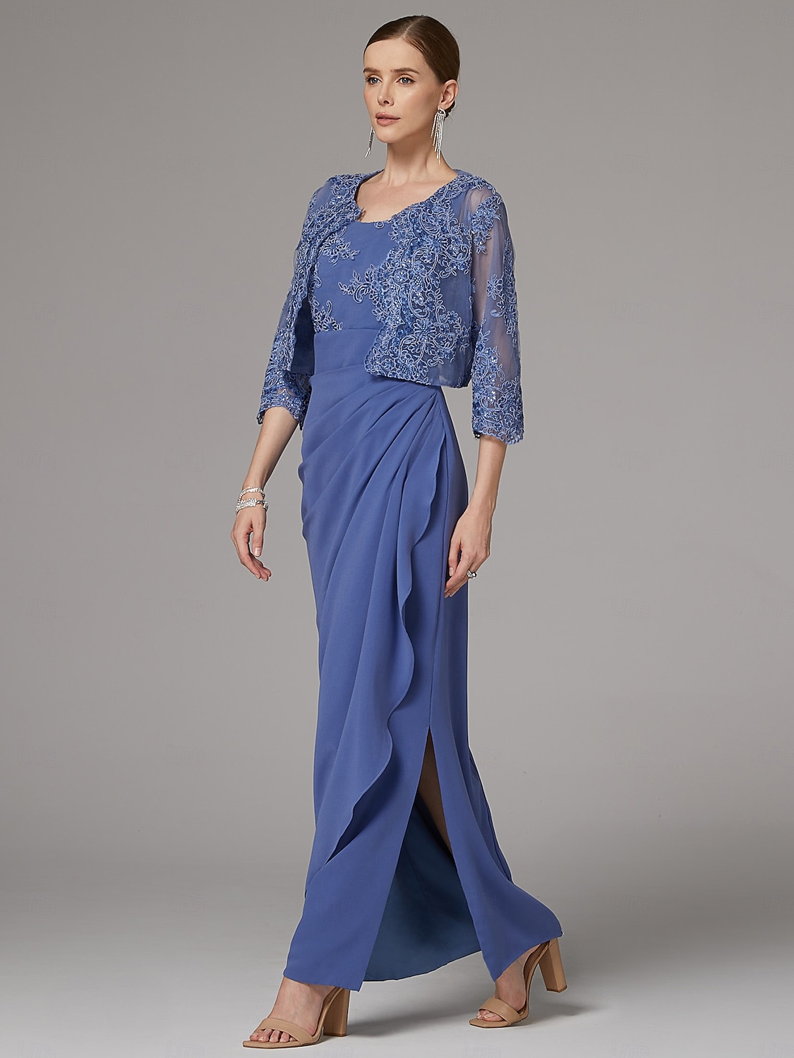 Twee Delige Sheath Jurk Strandbruiloft Moeder van de Bruid Jurk Elegante Sprankel  Glans Juweel Hals Enkele Lengte Kant Stretch Stof 3/4 Lengte Mouw met Kant 2025 - $189.99 –P3