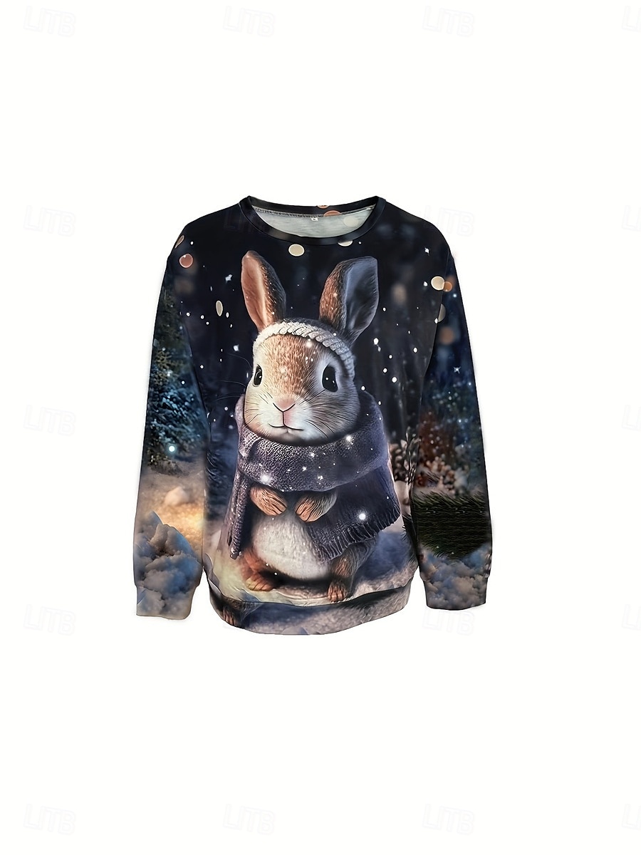Sudadera de mujer con estampado de conejo para uso diario, informal, cuello redondo, manga larga, microelástica, otoño e invierno, cómoda, transpirable, tejido suave 2025 - $27.99 –P2