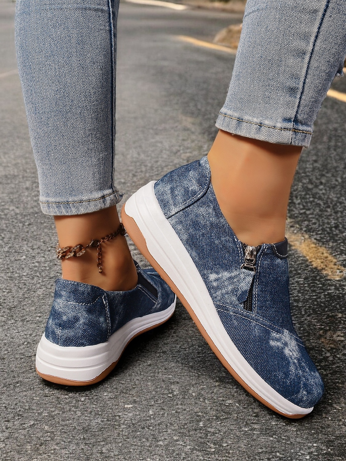 dámské neformální modré džínové slip-on tenisky – stylové vycházkové boty na zip s polstrovanou podrážkou pro každodenní pohodlí 2025 - $29.99 –P3
