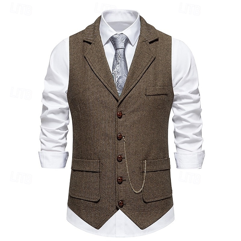 Bruin Grijs Heren Haringbeen Tweed Vest Standaard Pasvorm Notch Enkele Knopen Vijf-knopen 2025 - $37.99 –P2