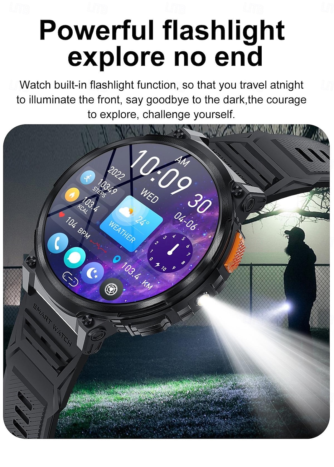 2025年 k66 スマートウォッチ メンズ 懐中電灯 ブルートゥース 通話 1.85インチ 128MB メモリ 730mAh 大容量バッテリー LED ライト アウトドア スポーツ スマートウォッチ  コレクション – $73.99 –P3