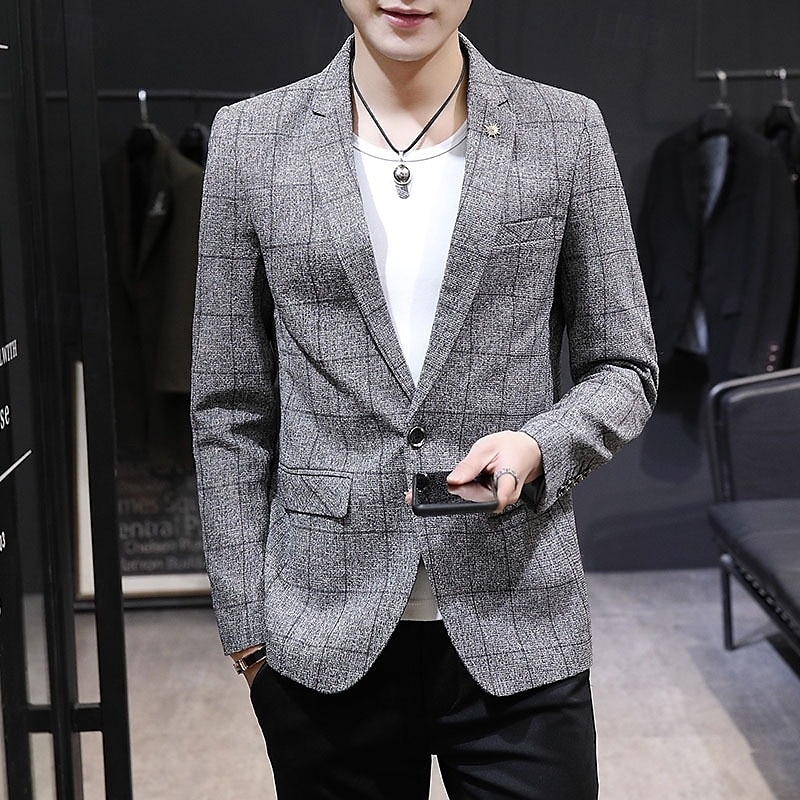 Men's Blazer Business Cocktail Party Wedding Party Fashion Casual Spring &  Fall Polyester Plaid Buttons Pocket Comfortable Single Breasted Blazer Black White Navy Blue Gray 2025 - $58.99 –P9