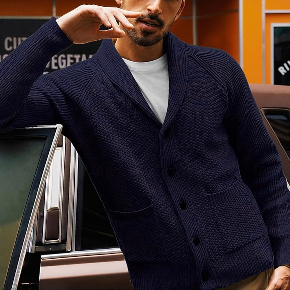 Per maschio Cardigan Cavi Maglia Standard A maglia Tinta unita / tinta unita Risvolto sciallato Capodanno eventi Abbigliamento Inverno Autunno Nero Blu S M L del 2026 a $51.99 –P5