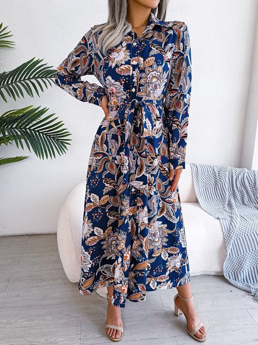 Dam Maxiklänning Vardagsklänning Swingklänning A linjeklänning Boho-klänning Ledigt Dagligen Normal Blommig Långärmad Tröjkrage Kungsblå Sommar Vår Höst 2025 - $35.99 –P3