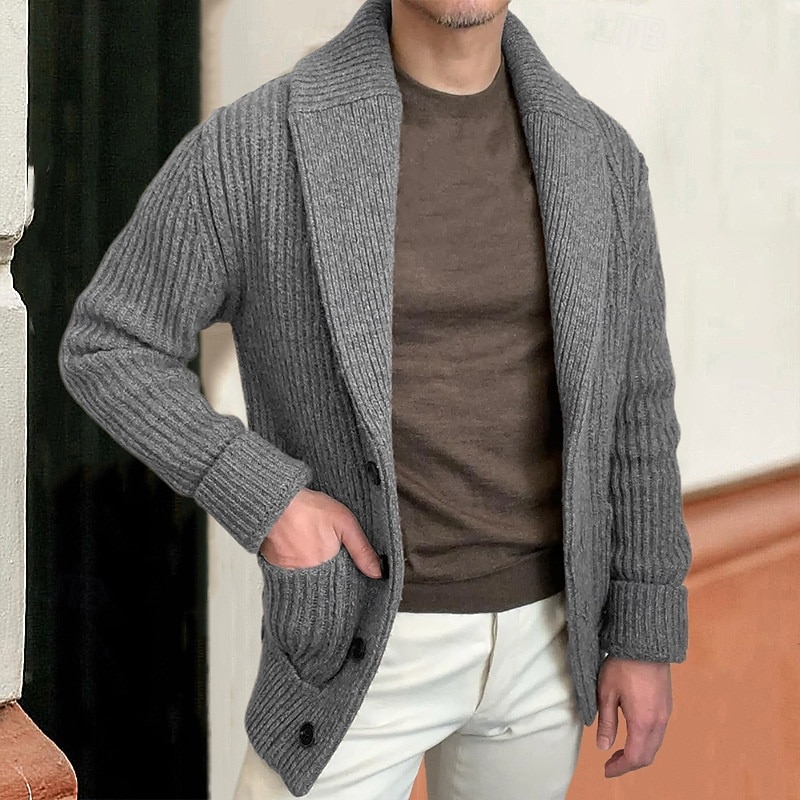 Herren Strickjacke Kurzer Pullover Gerippt Stricken Standard Tasche Glatt Schalrevers Modisch Klassisch Urlaub Freizeitskleidung Bekleidung Herbst Winter Schwarz Kaki M L XL 2025 - $38.99 –P3