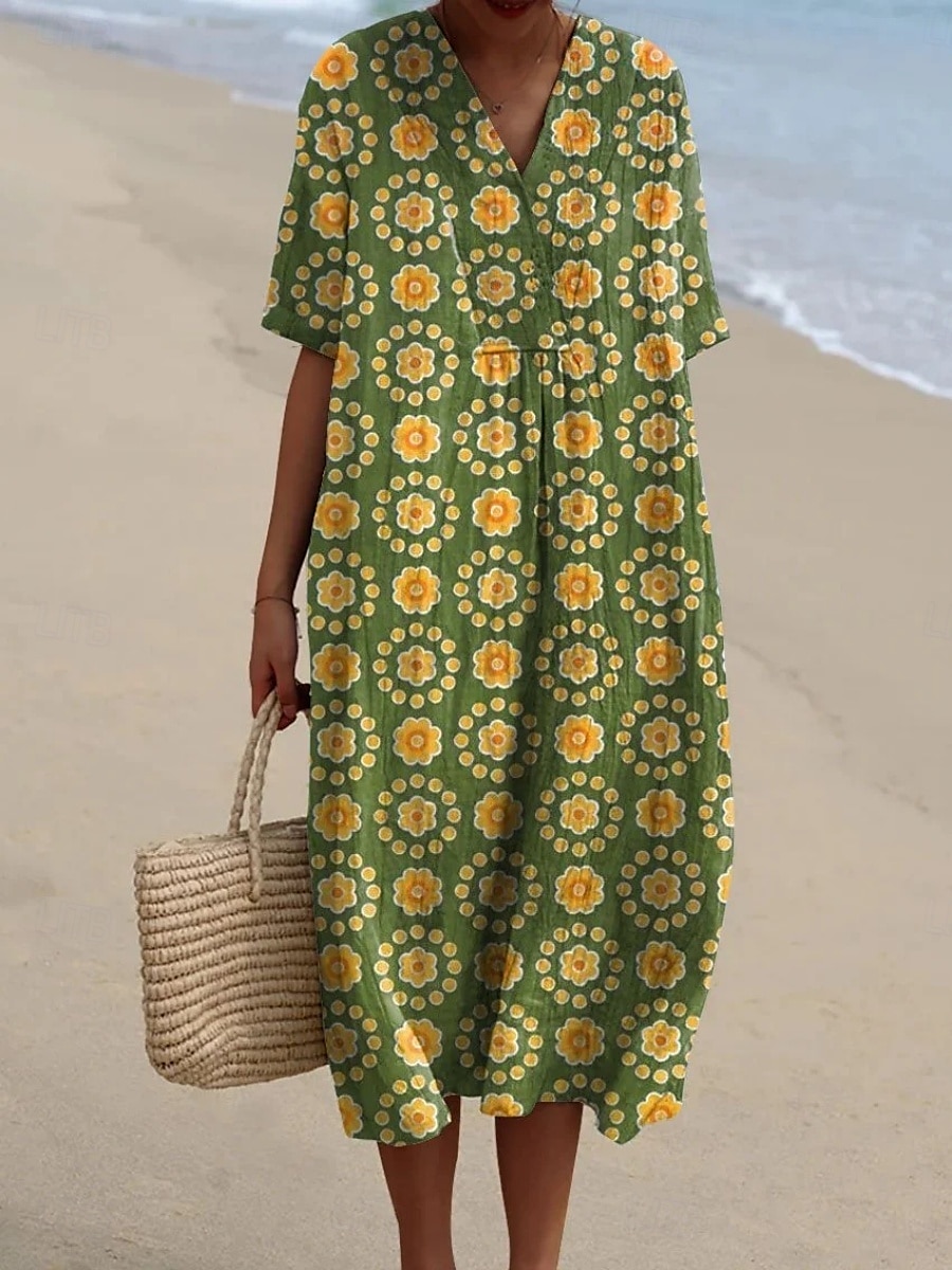 Femmes Robe maxi Robes inspirées du lin Robe Décontractée Robe en coton et lin Robe évasée Occasionnel Quotidien Coupe régulière Fleuri Demi Manches Col en V Vert Été Printemps Automne de 2025 ? $36.99 –P1