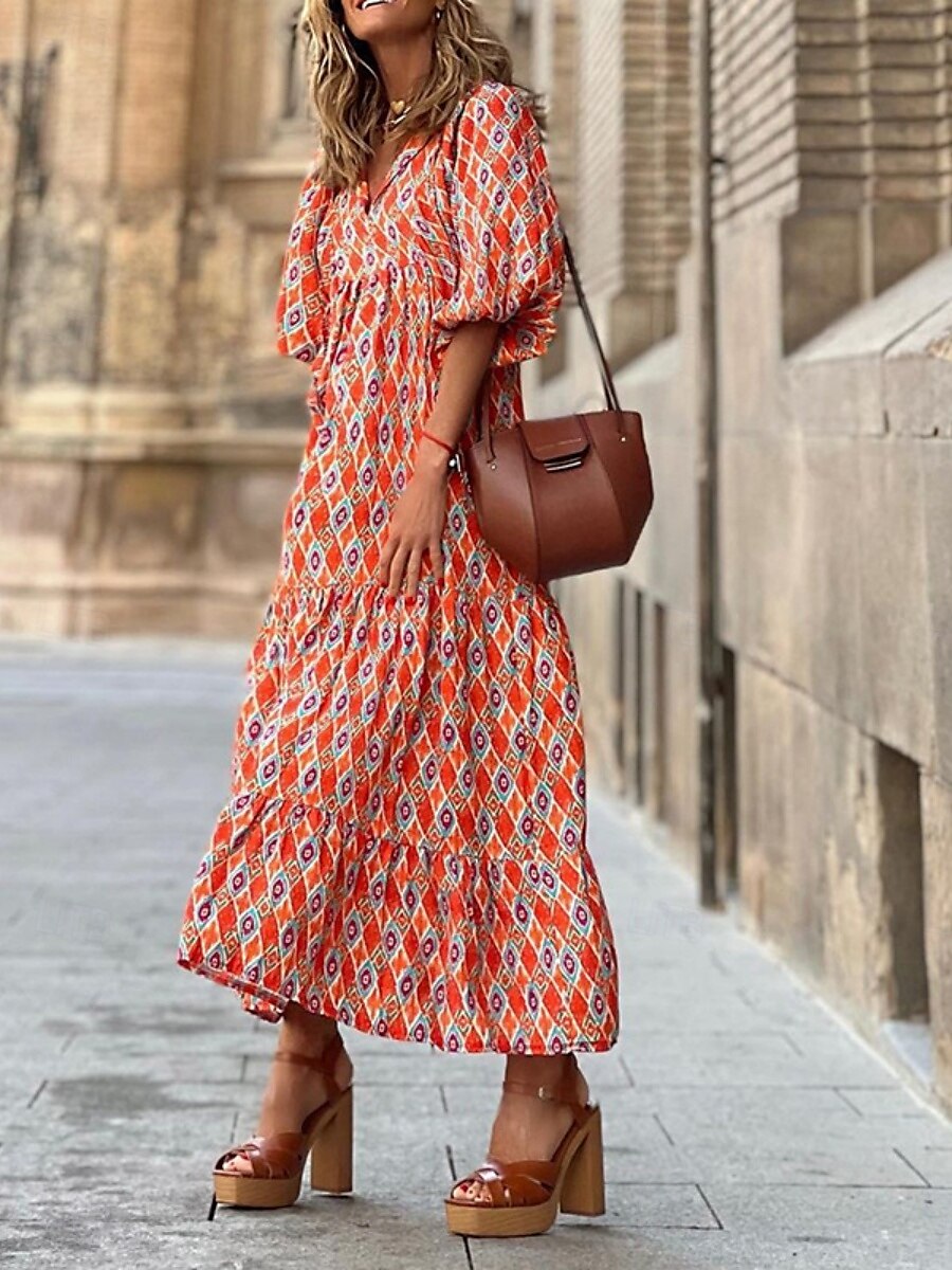 rochie maxi dama cu decolteu in V geometric cu maneca 3/4 vara primavara 2025 - $41.99 –P1