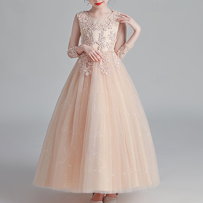 Blumenmädchenkleid Kinder Mädchen Prinzessinenkleid Leistung Hochzeit Party Elegant Schön Gitter Feste Farbe Langarm Rundhalsausschnitt Weinrot Weiß 4 Jahre + 2025 - $43.99 –P3