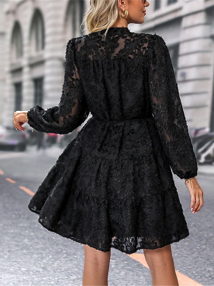 Damen Spitzenkleid Minikleid Spitze Patchwork Brautkleider schlicht Ständer Langarm Schwarz Wein Grün Farbe 2025 - $34.99 –P8