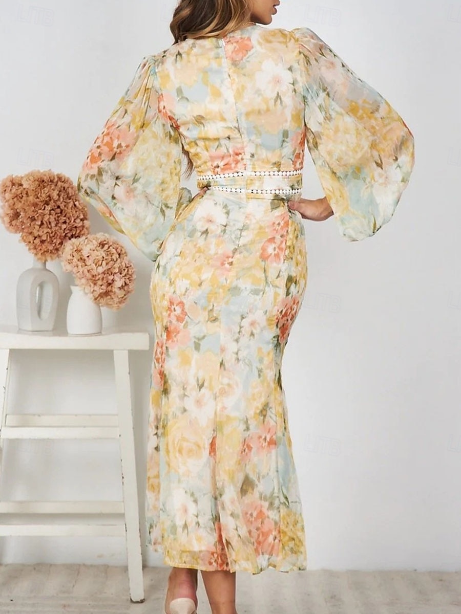 Damen Maxidress Casual kleid Bodycon Brautkleider schlicht Täglich Regular Fit Blumen Langarm V Ausschnitt Gelb Sommer Frühling Herbst 2025 - $44.99 –P2