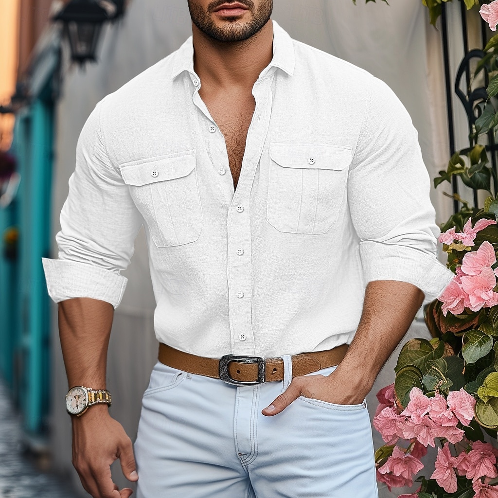 Per uomo Camicia Camicia in lino e cotone Abbigliamento mare Camicia con bottoni Liscio Da mare Informale Nero Bianco Azzurro Manica lunga Bavero Primavera estate Abbigliamento Tasche del 2025 a $26.99 –P1