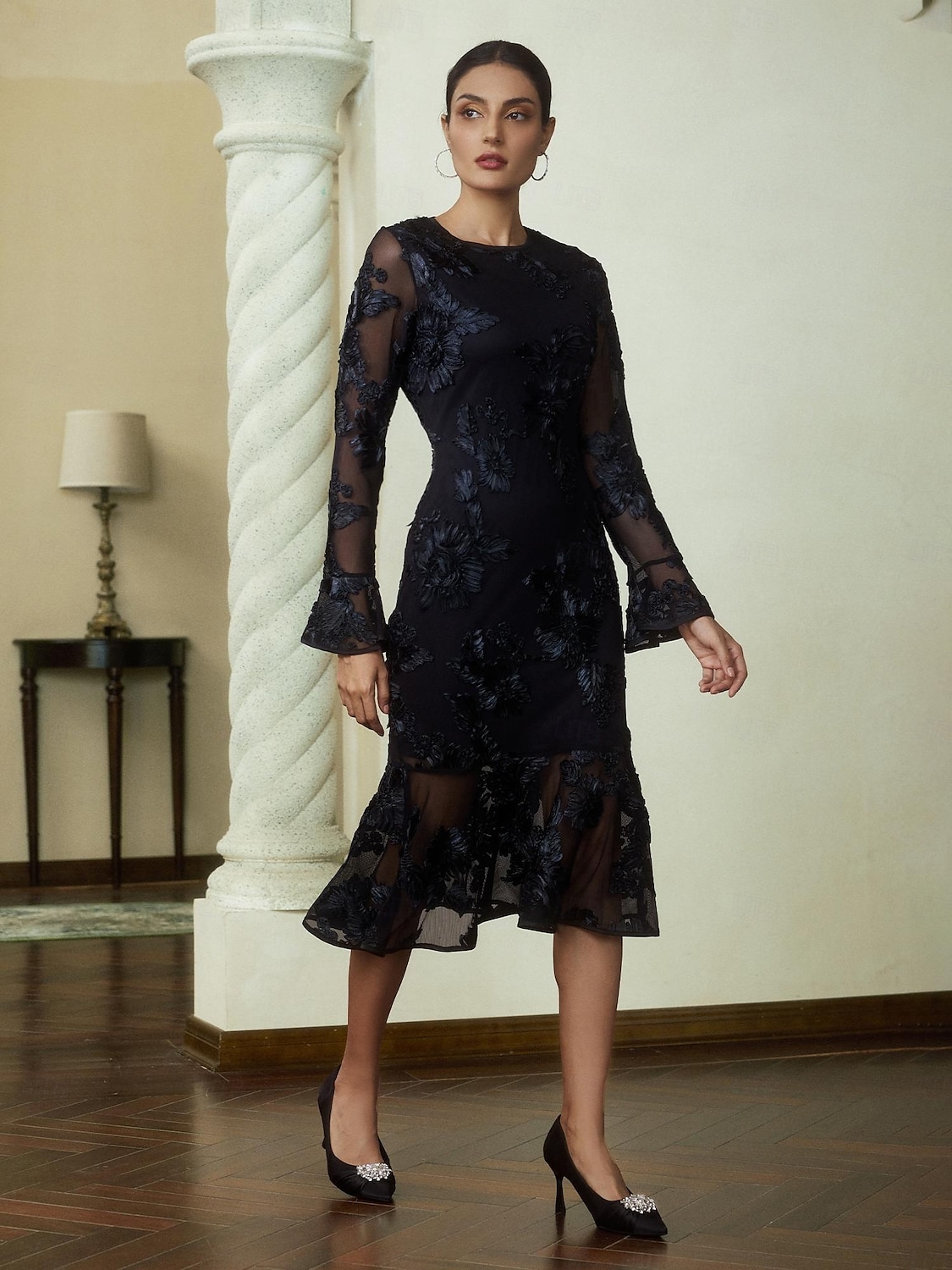 besticktes Cocktail-Party-Midikleid mit langen Ärmeln 2025 - $93.99 –P6