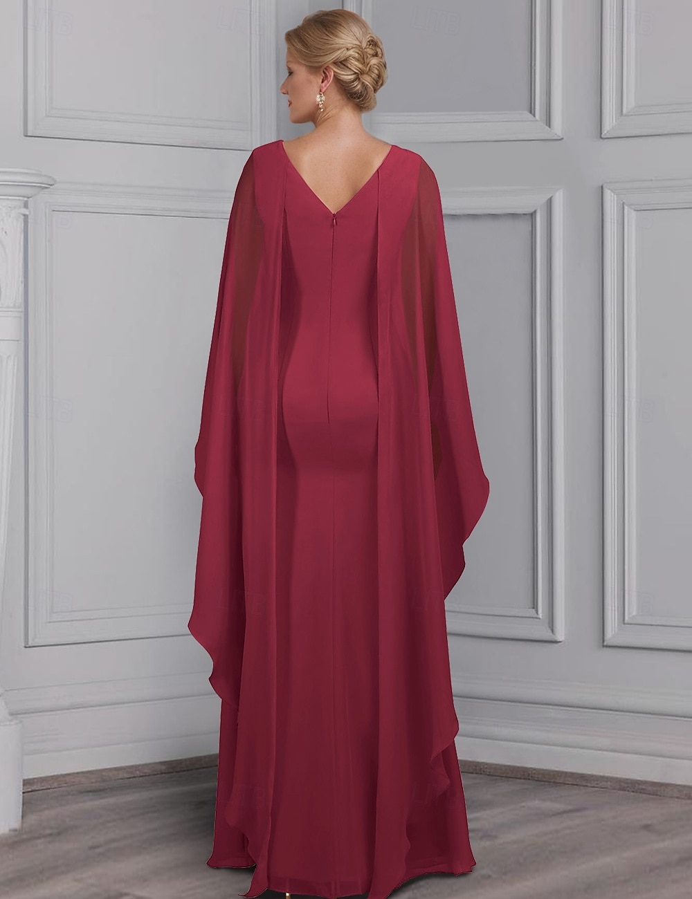 Abito a tubino  colonna per la madre della sposa elegante con scollatura bateau lunghezza a terra in chiffon elasticizzato maniche lunghe con balze di pizzo del 2025 a $165.99 –P2