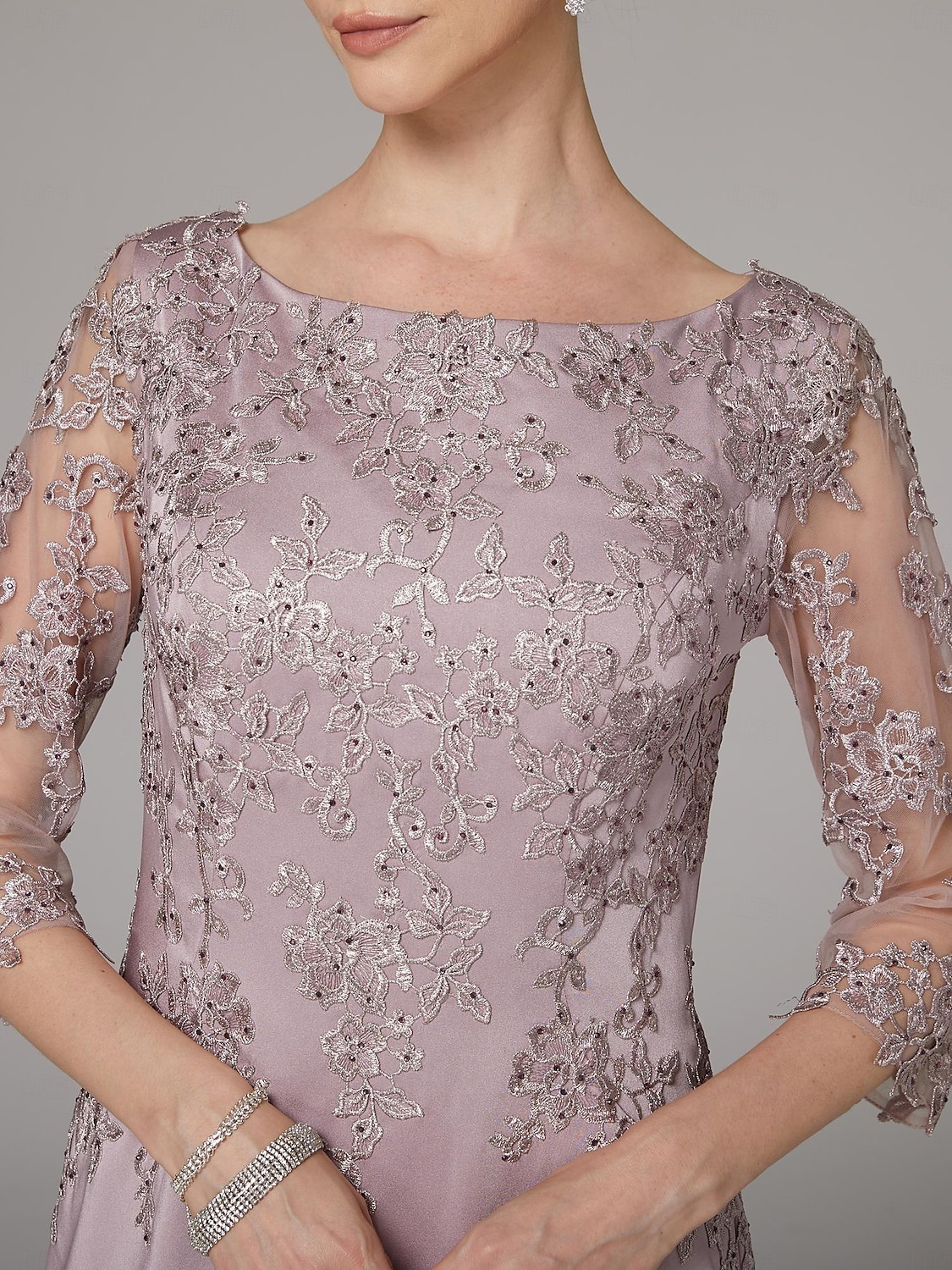 Sukienka sheath na plażę Sukienka matki panny młodej Elegancka Dekolt bateau Długość do podłogi Satyna 3/4 długości rękaw z aplikacjami koronkowymi 2025 - $186.99 –P4