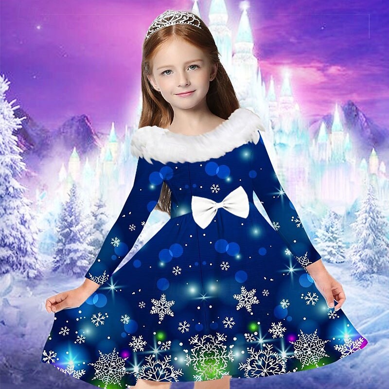 Kids Girls' Dress Snowflake Long Sleeve Casual Fur Trim Crewneck Adorable Daily Polyester Above Knee Casual Dress Swing Dress A Line Dress Fall Winter 2-13 Years Navy Blue Blue Sky Blue 2025 - $24.99 –P5