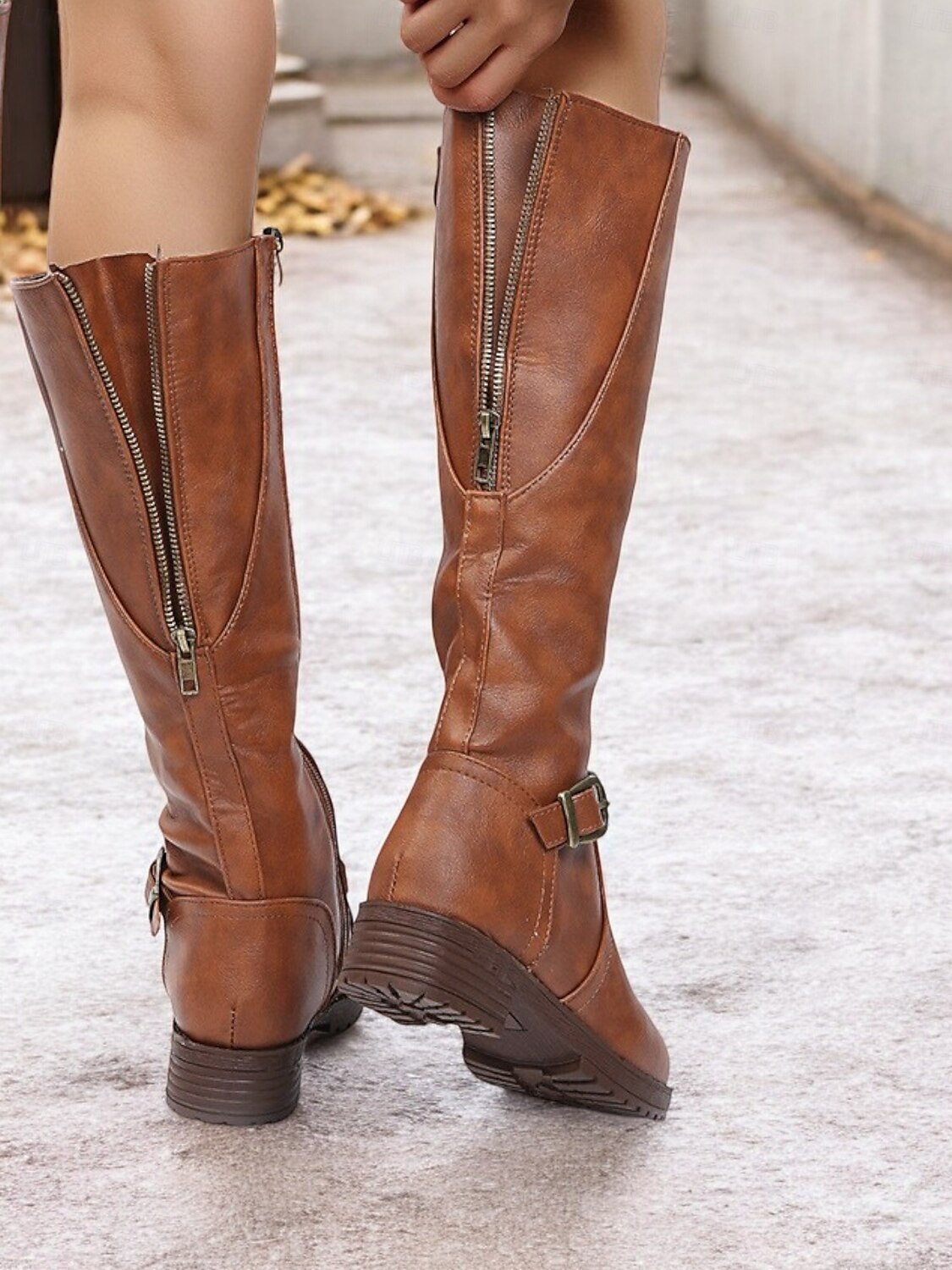 botas femininas marrons de cano alto com zíper lateral e fivela, salto baixo e design durável – perfeitas para uso casual e ao ar livre de 2025 por $42.99 –P2