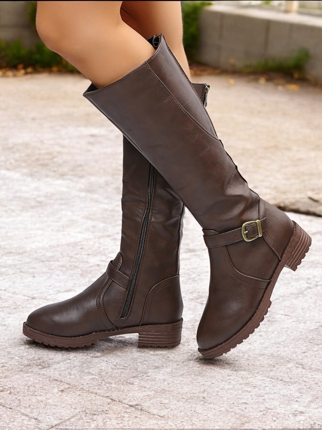 botas femininas marrons de cano alto com zíper lateral e fivela, salto baixo e design durável – perfeitas para uso casual e ao ar livre de 2025 por $42.99 –P6