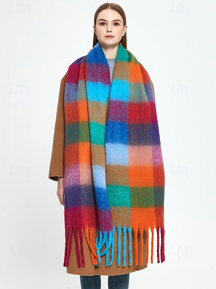 Bufanda de invierno de gran tamaño con cuadros coloridos para mujer | Chal suave y cálido similar a la lana con borlas | Accesorio moderno para clima frío para atuendos casuales y formales 2025 - $14.99 –P1