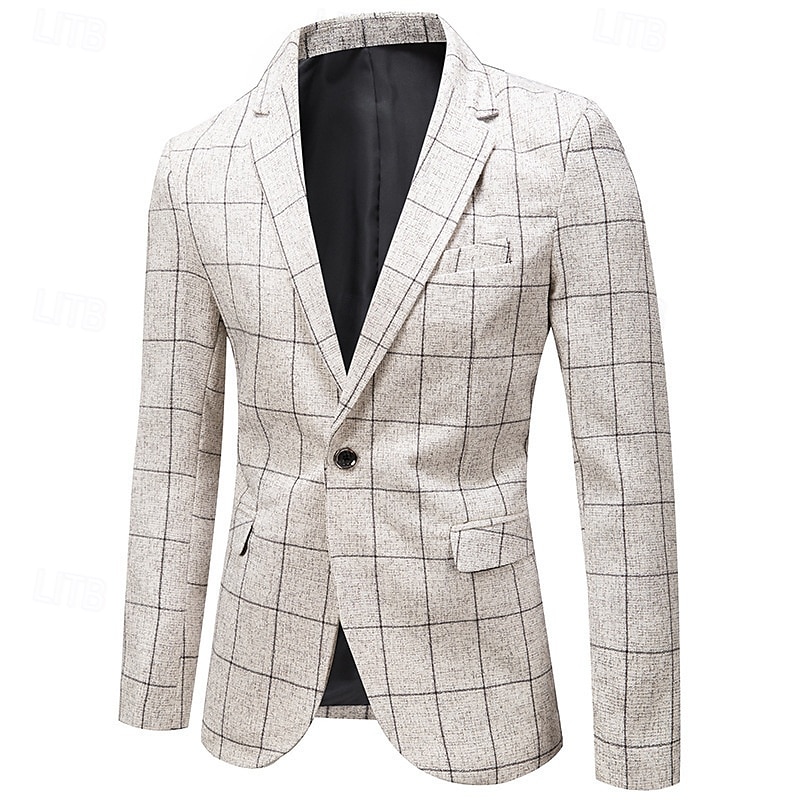 Men's Blazer Business Cocktail Party Wedding Party Fashion Casual Spring &  Fall Polyester Plaid Buttons Pocket Comfortable Single Breasted Blazer Black White Navy Blue Gray 2025 - $58.99 –P8