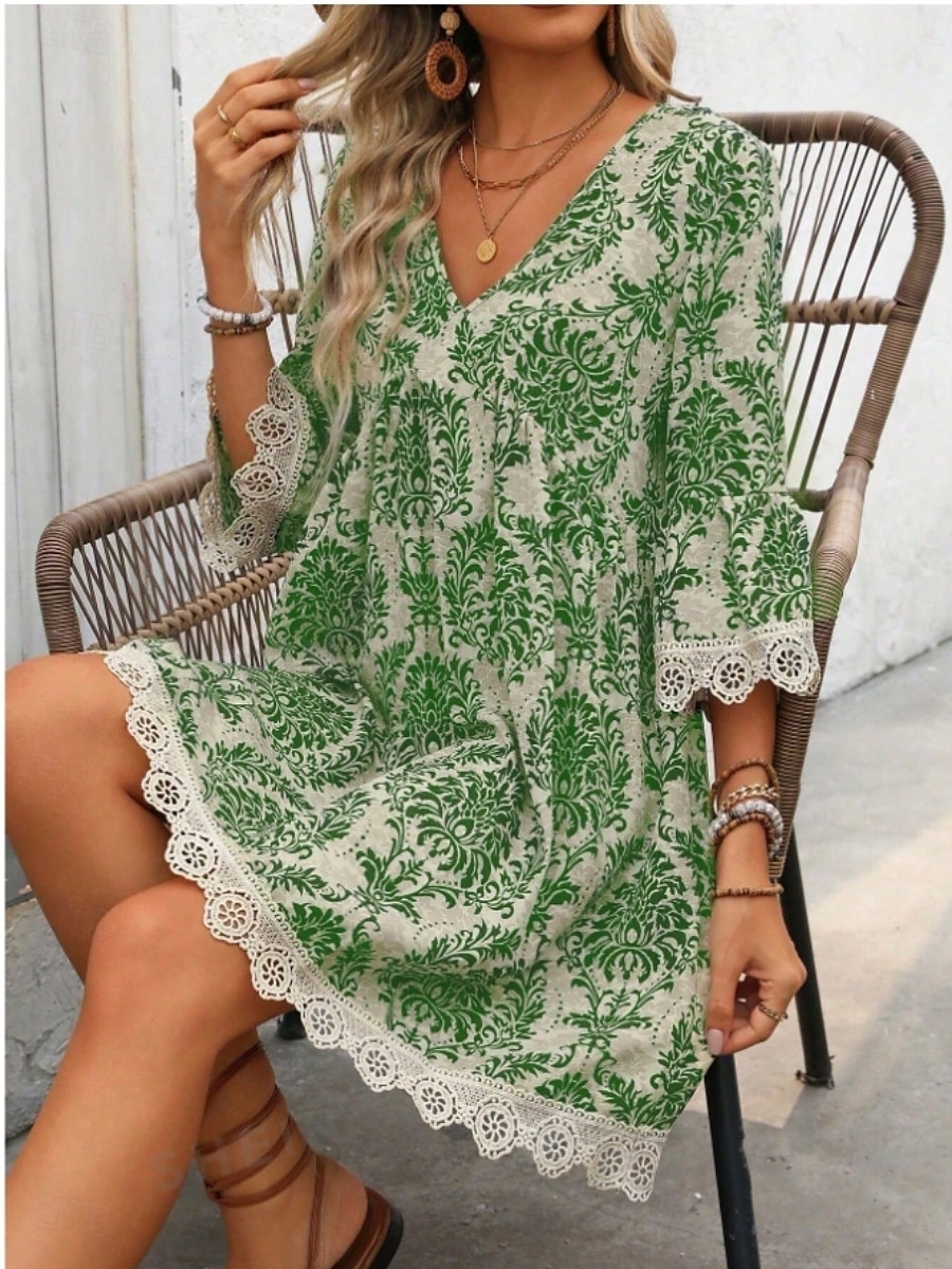 Damen Minikleid Casual kleid Boho-Kleid Brautkleider schlicht Täglich Regular Fit Blumen 3/4 Ärmel V Ausschnitt Wein Blau Grün Sommer Frühling Herbst 2025 - $35.99 –P14