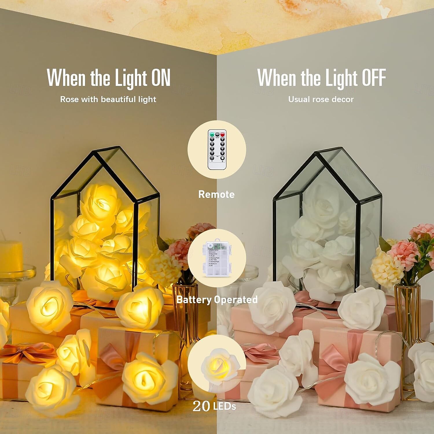 3 м 20 LED розовые и белые цветочные огни с пультом управления цветочные гирлянды работающие от батареек 8 режимов для свадеб вечеринок декора комнаты декора спальни украшений для камина 2026 - $14.99 –P10