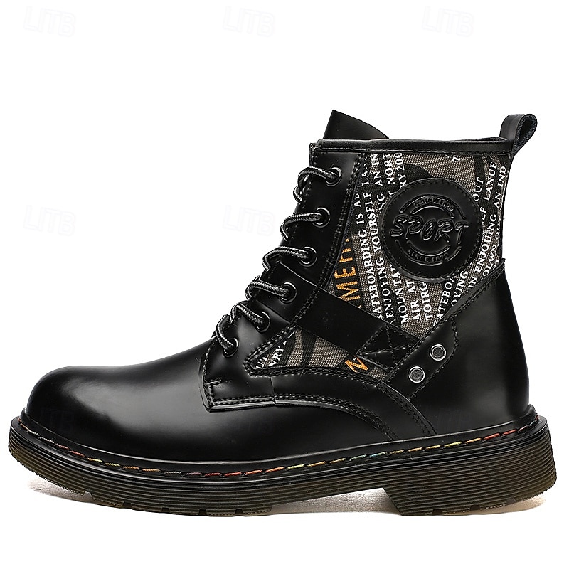 Botas de combate de piel sintética patentada para hombre: diseño con cordones de estilo militar con detalles de camuflaje, suela resistente para uso al aire libre y casual 2025 - $69.99 –P5