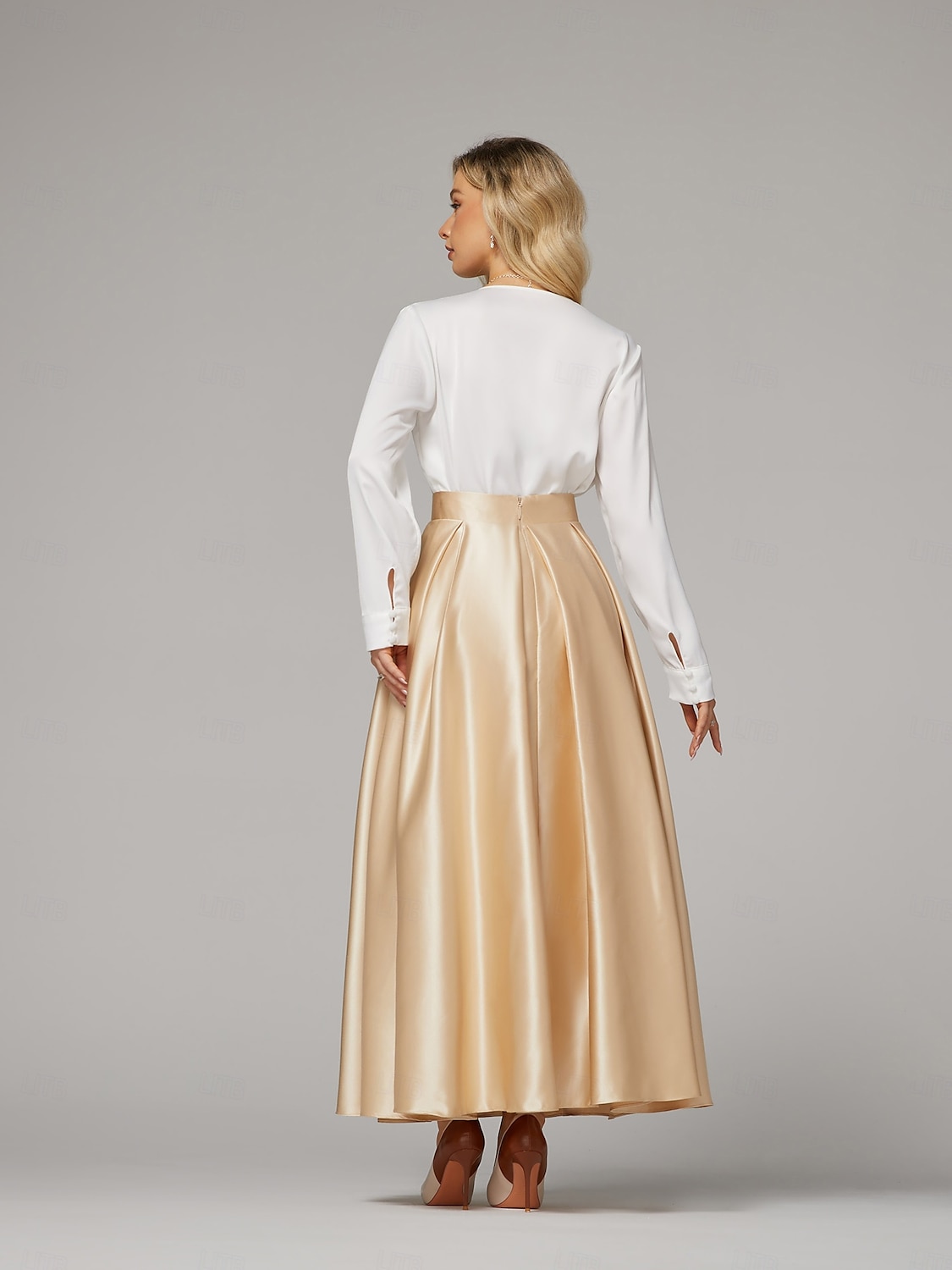 Zwei-Teile Cocktailkleider Elegantes Kleid Hochzeitsfeier Teelängen Langarm V-Ausschnitt Satin mit Falten Kleidern 2025 - $161.99 –P2