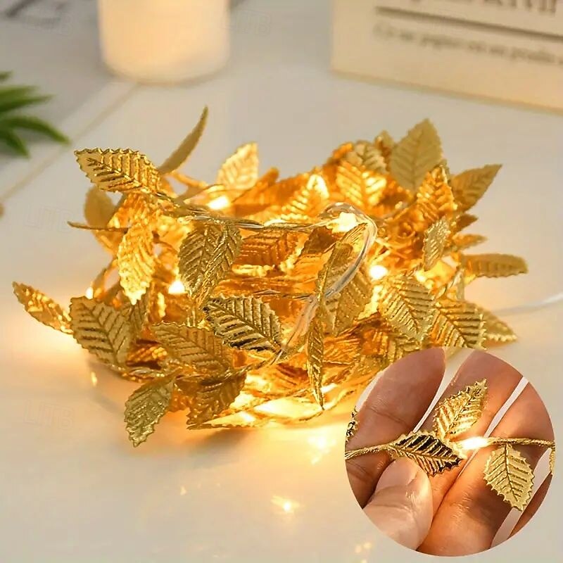 2025年 エレガントなウェディング レセプション パーティー ゴールデン リーフ ガーランド ストリング ライト 2m 20LED 5m 50LED 電池式 フェアリー ライト クリスマス ホーム バレンタインデー 誕生日 結婚式 ホリデー パーティー デコレーション  コレクション – $7.99 –P11