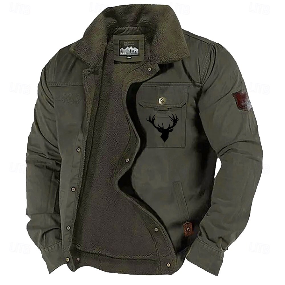 Men's Reindeer Print Embroidered Fleece Jacket Sherpa Hunting Jacket Work Cargo Jacket Turn-Down Collar Warm Winter Cotton Jacket Vintage Casual Going Out Coat Multi-Pockets 2025 - $52.99 –P4