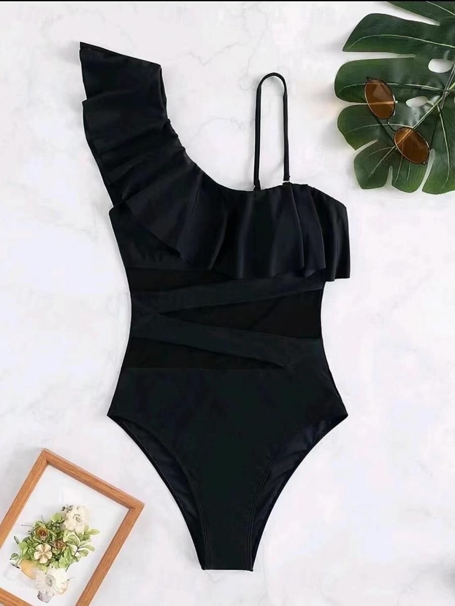 Dam Badkläder En bit Monokini Baddräkt Volang Nät Öppen rygg Magkontroll Hög midja Semester Standkläder Ensfärgat Halterneck Ärmlös Baddräkter 2025 - $28.99 –P3