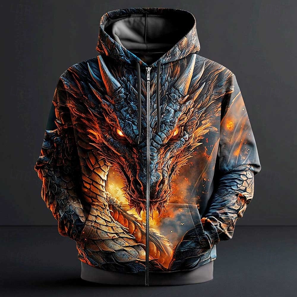 Pánské Drak Kapucky Kapuce Mikina s kapucí Kapuce Módní 3D tisk Dovolená Jdeme ven Streetwear Černá Zip Šňůrky Podzim Zima Návrhář 2025 - $29.99 –P1
