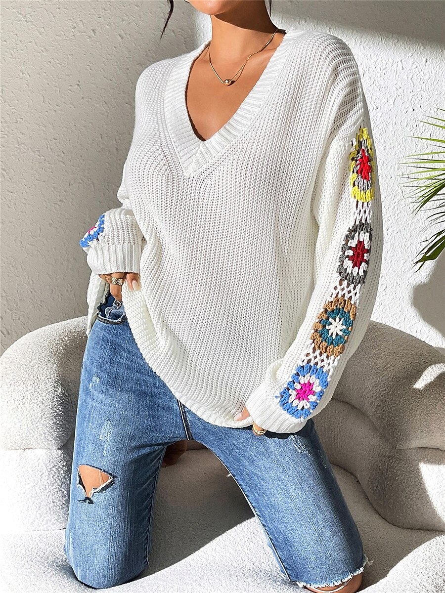 Per donna Felpa Informale Morbido Floreale Uncinetto A V Lavorato a maglia Manica lunga Top regolari Maglia Esterno Giornaliero Fine settimana Nero Bianco Autunno Inverno del 2025 a $31.99 –P3