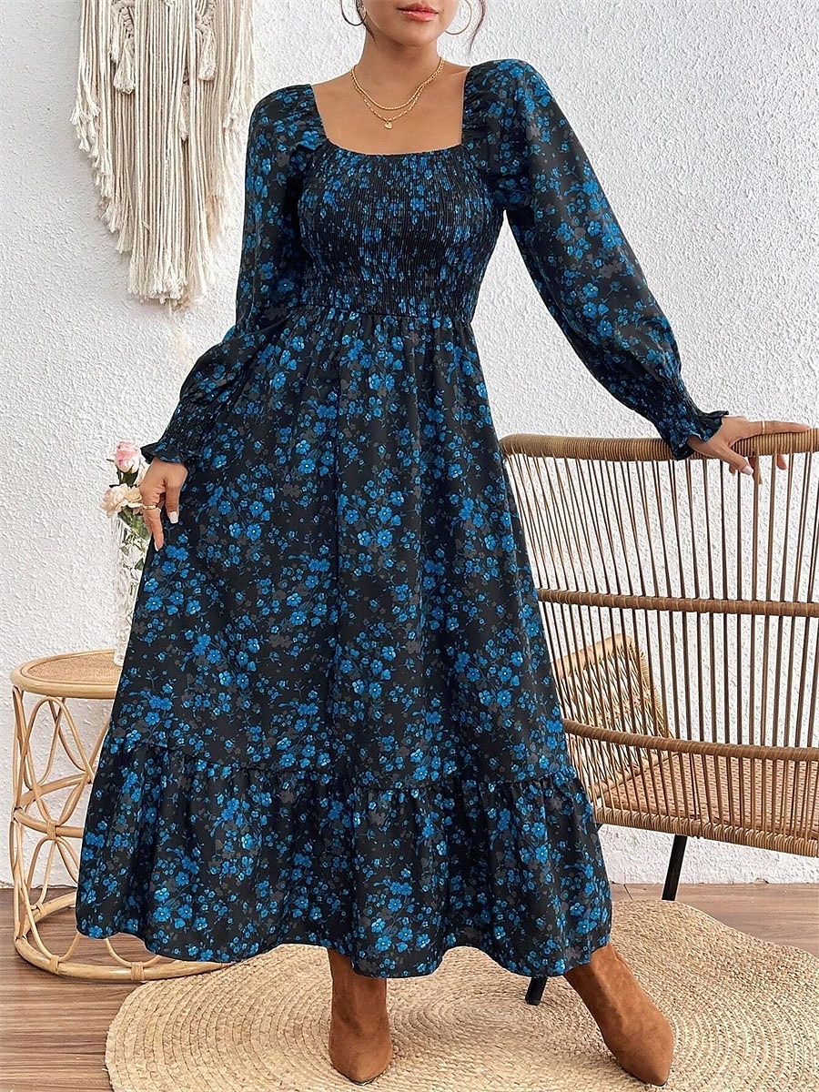 dames bloemen vierkante hals maxi jurk lange mouw zomer lente 2025 - $41.99 –P4