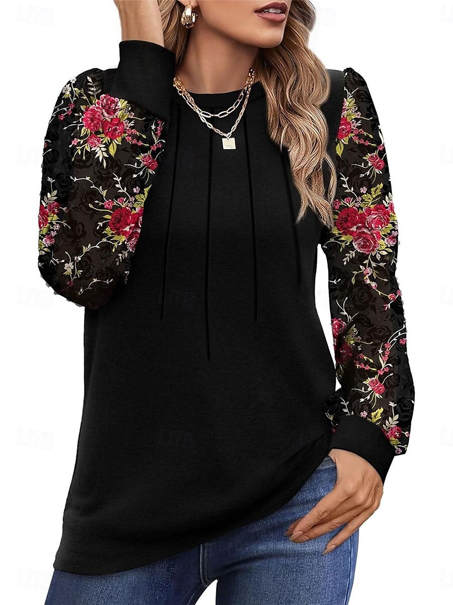 Per donna Camicia Blusa Floreale Informale Manica lunga Girocollo Top regolari Giornaliero Collage Stampa Nero Marrone Autunno Inverno del 2025 a $29.99 –P6