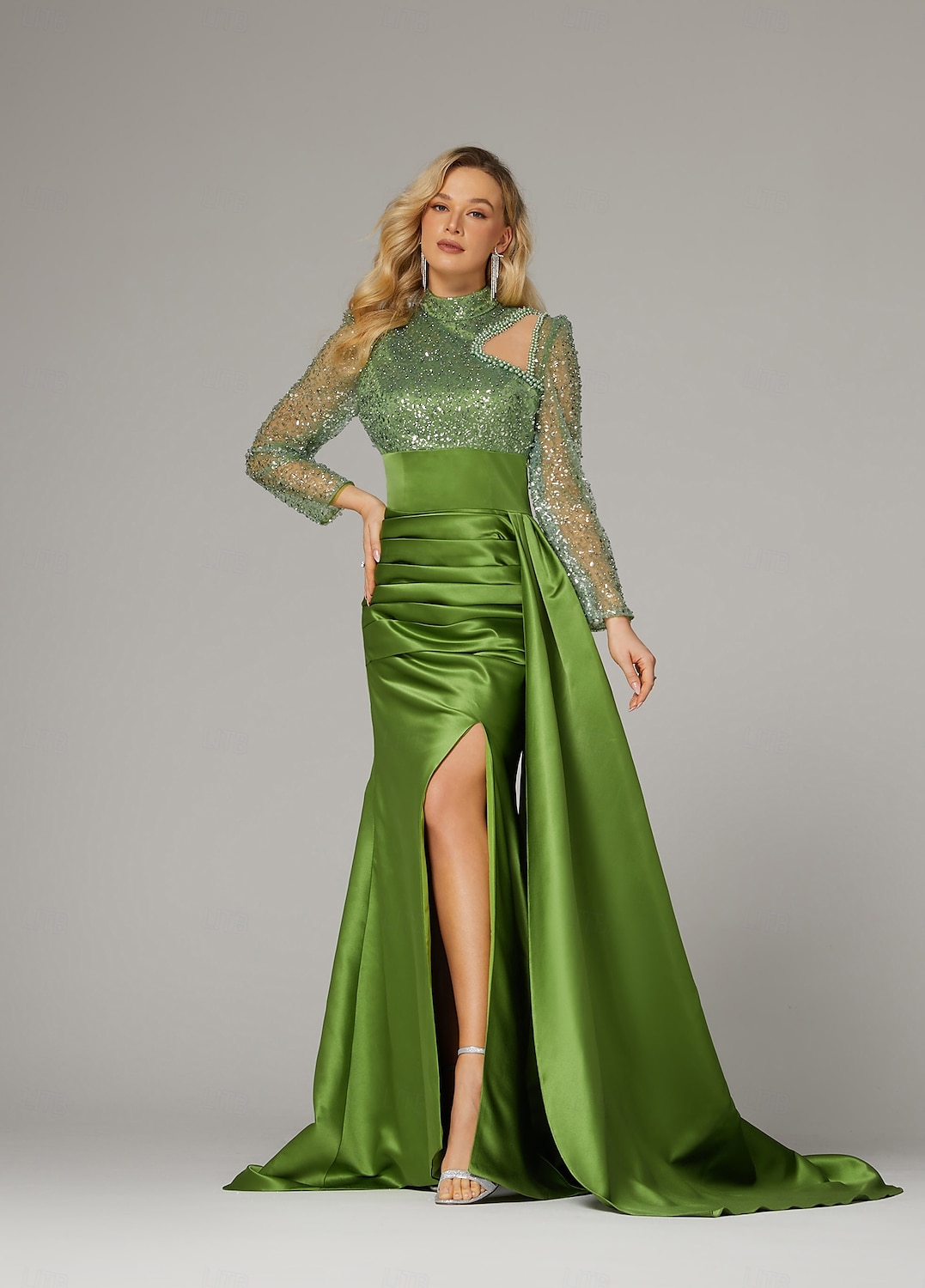Meerjungfrau Abendkleid Elegantes Kleid Formelle Sweep  Brush Train Lange Ärmel Hoher Hals Satin mit Perlen Pailletten 2025 - $177.99 –P1